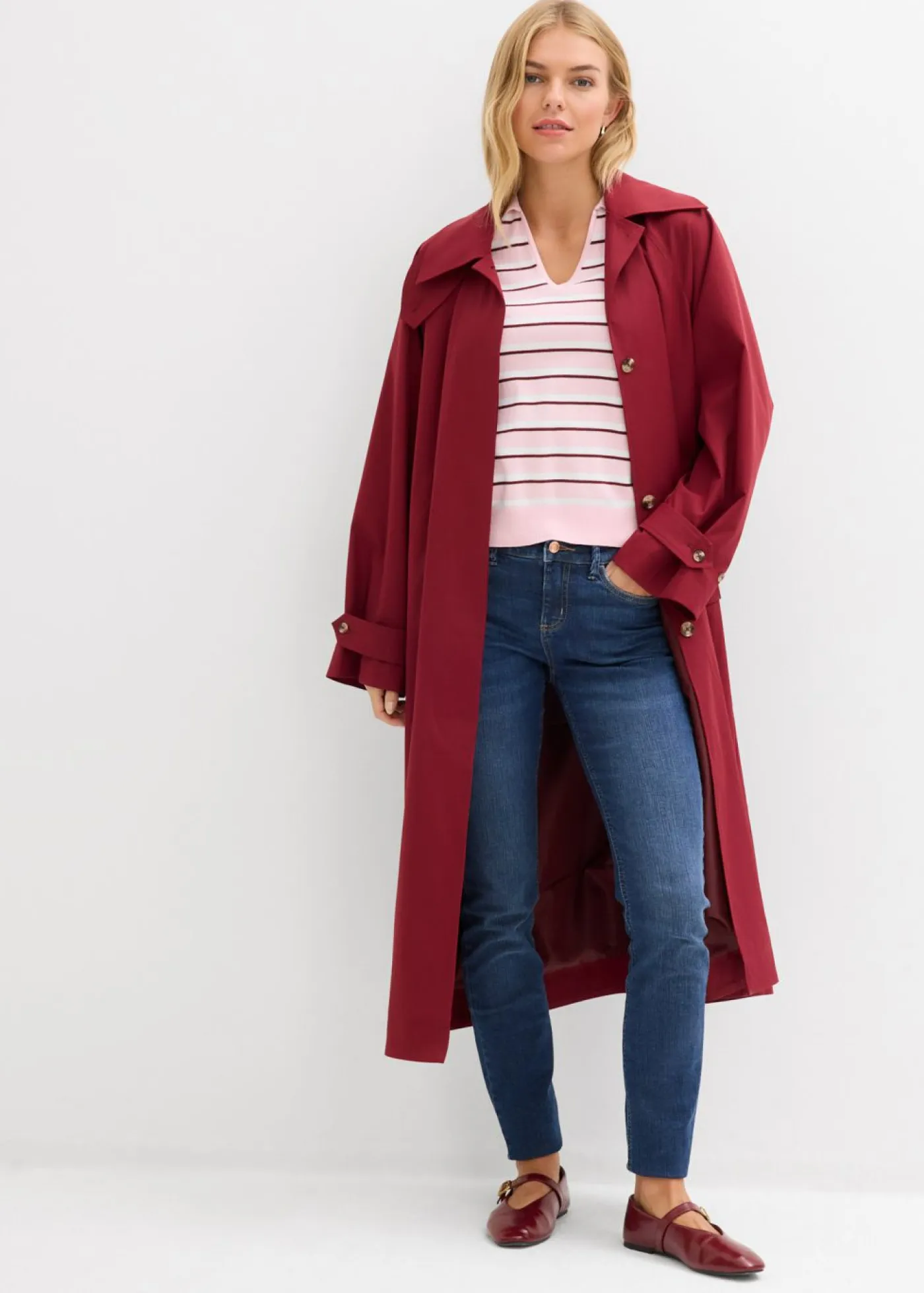 bonprix bonprix Jerséis|Ropa De Punto>Jersey tipo polo de mezcla de algodón blanco/rosa cristal/rojo rubí con rayas