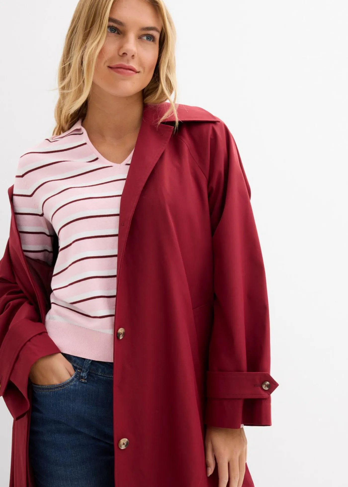 bonprix bonprix Jerséis|Ropa De Punto>Jersey tipo polo de mezcla de algodón blanco/rosa cristal/rojo rubí con rayas