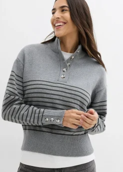 bonprix bonprix Jerséis>Jersey tipo troyer gris jaspeado-antracita con rayas