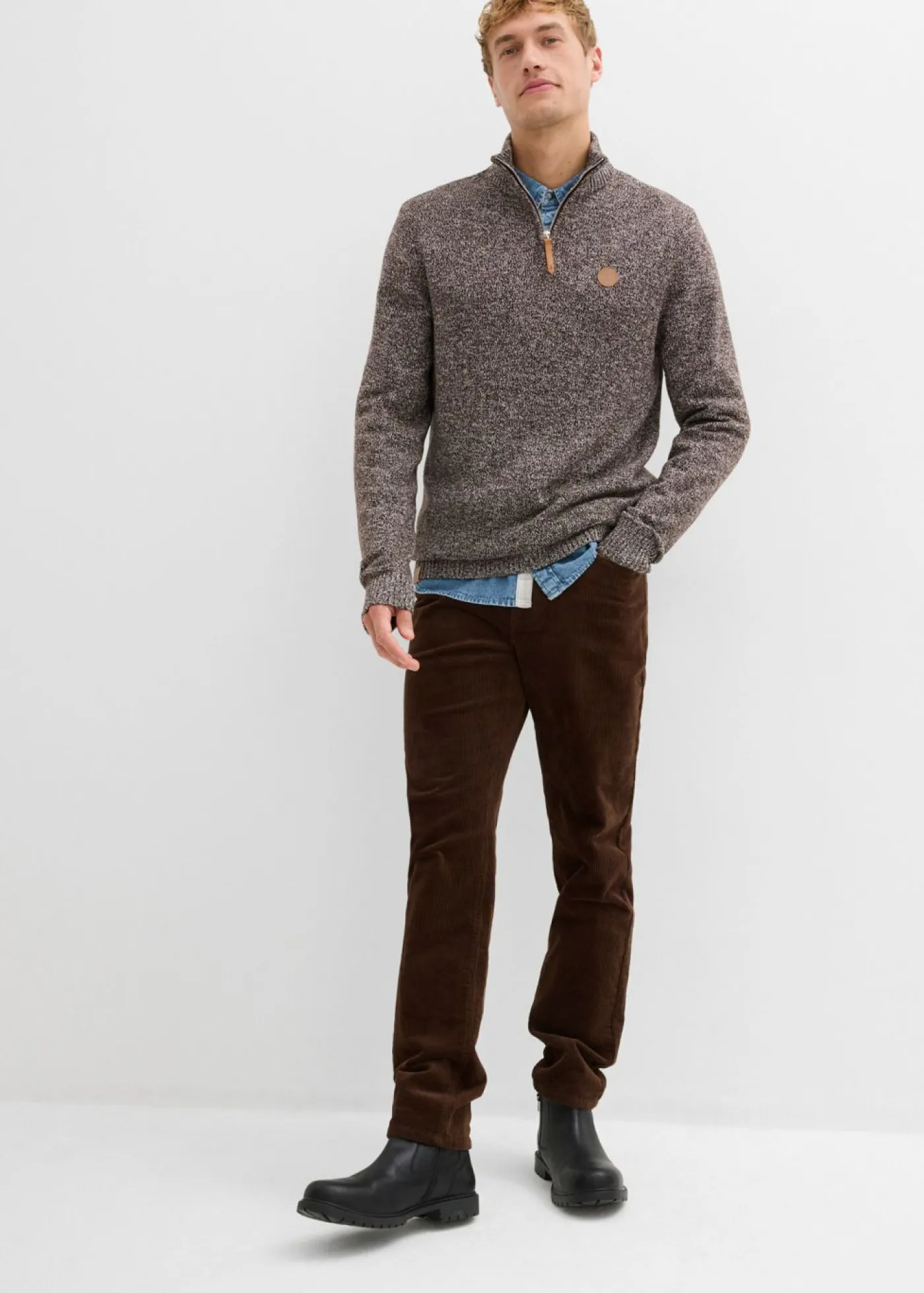 bonprix bonprix Básicos En Rebajas|Jerséis Y Cárdigans>Jersey tipo troyer de algodón puro marrón oscuro moteado