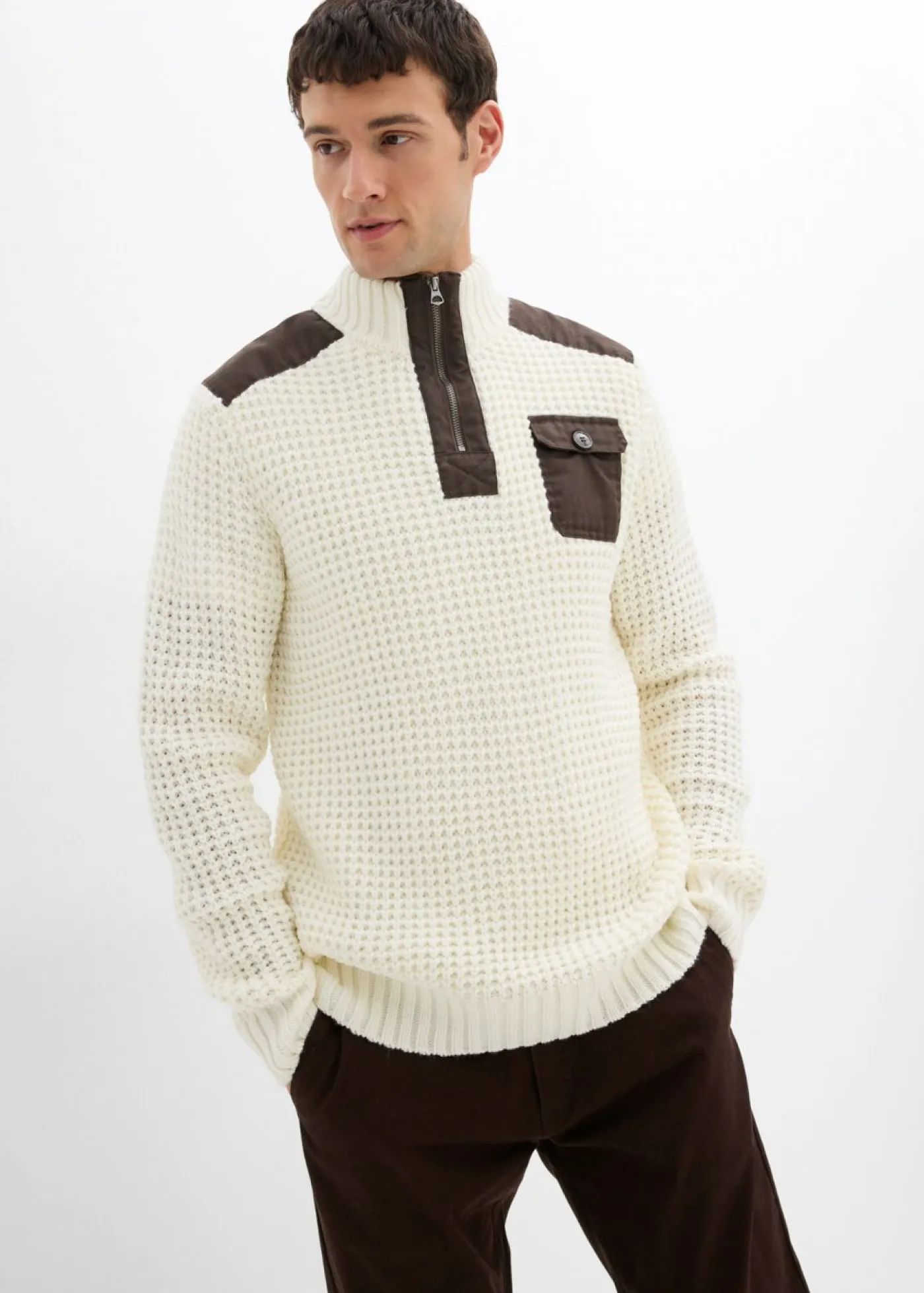 bonprix bonprix Jerséis Y Cárdigans>Jersey troyer de punto grueso con inserto de malla Blanco lana