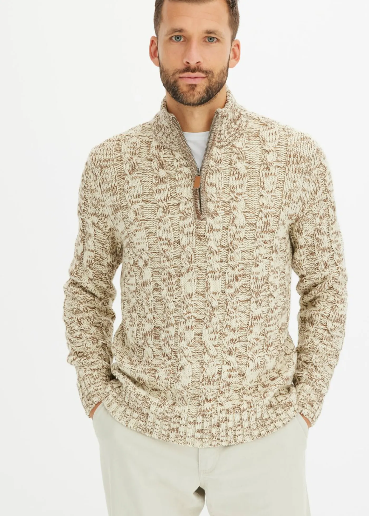 bonprix bonprix Jerséis Y Cárdigans>Jersey troyer jaspeado con patrón trenzado Beige jaspeado