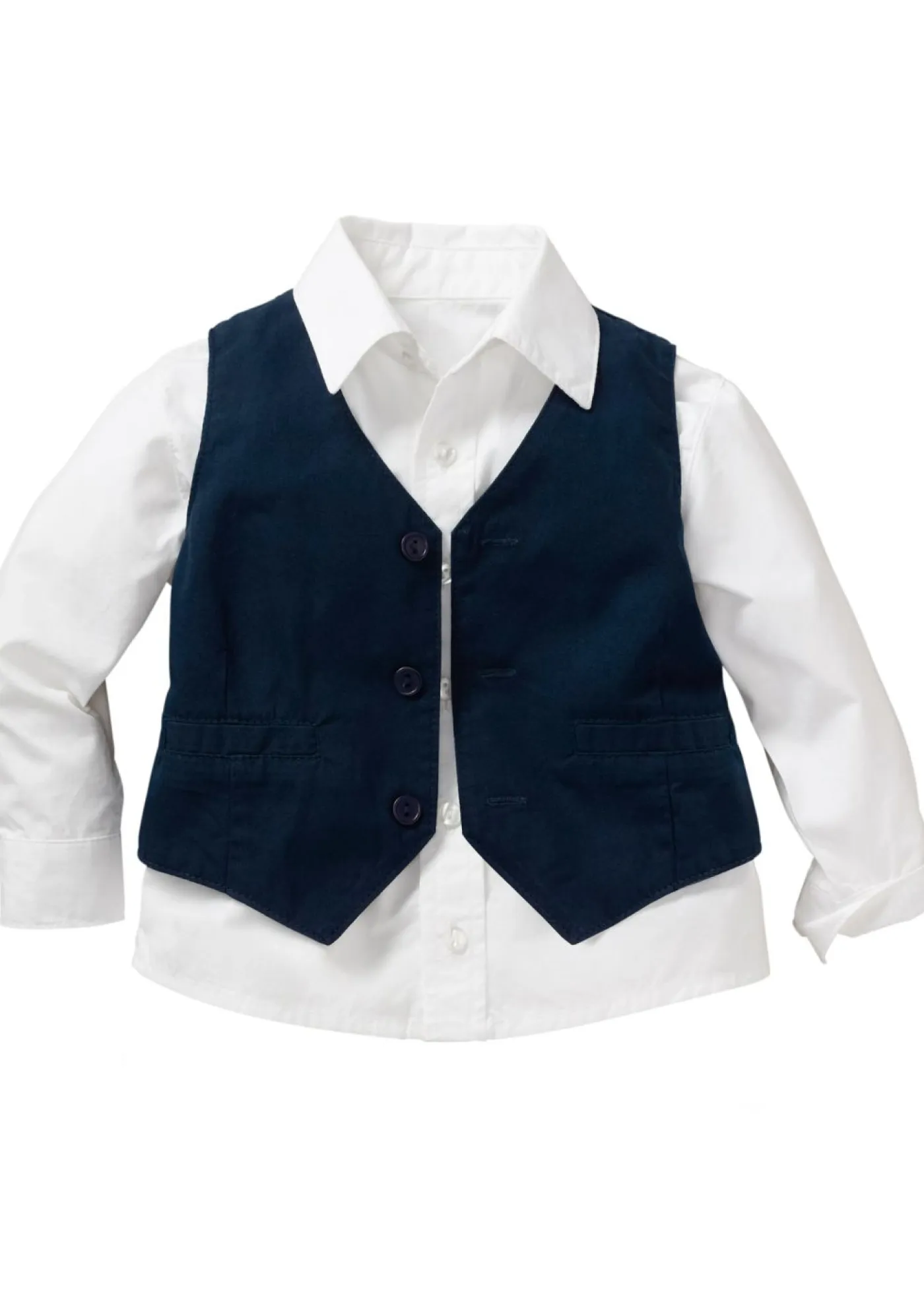 bonprix bonprix Pantalones|Partes De Arriba>Juego de trajes con camisa, chaleco y pantalones de algodón puro (3 piezas) Blanco-azul oscuro