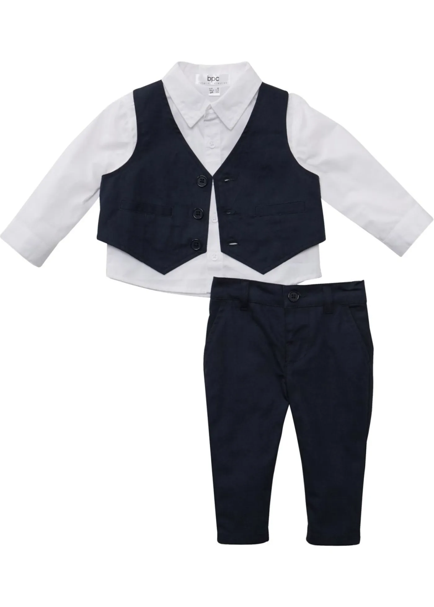 bonprix bonprix Pantalones|Partes De Arriba>Juego de trajes con camisa, chaleco y pantalones de algodón puro (3 piezas) Blanco-azul oscuro