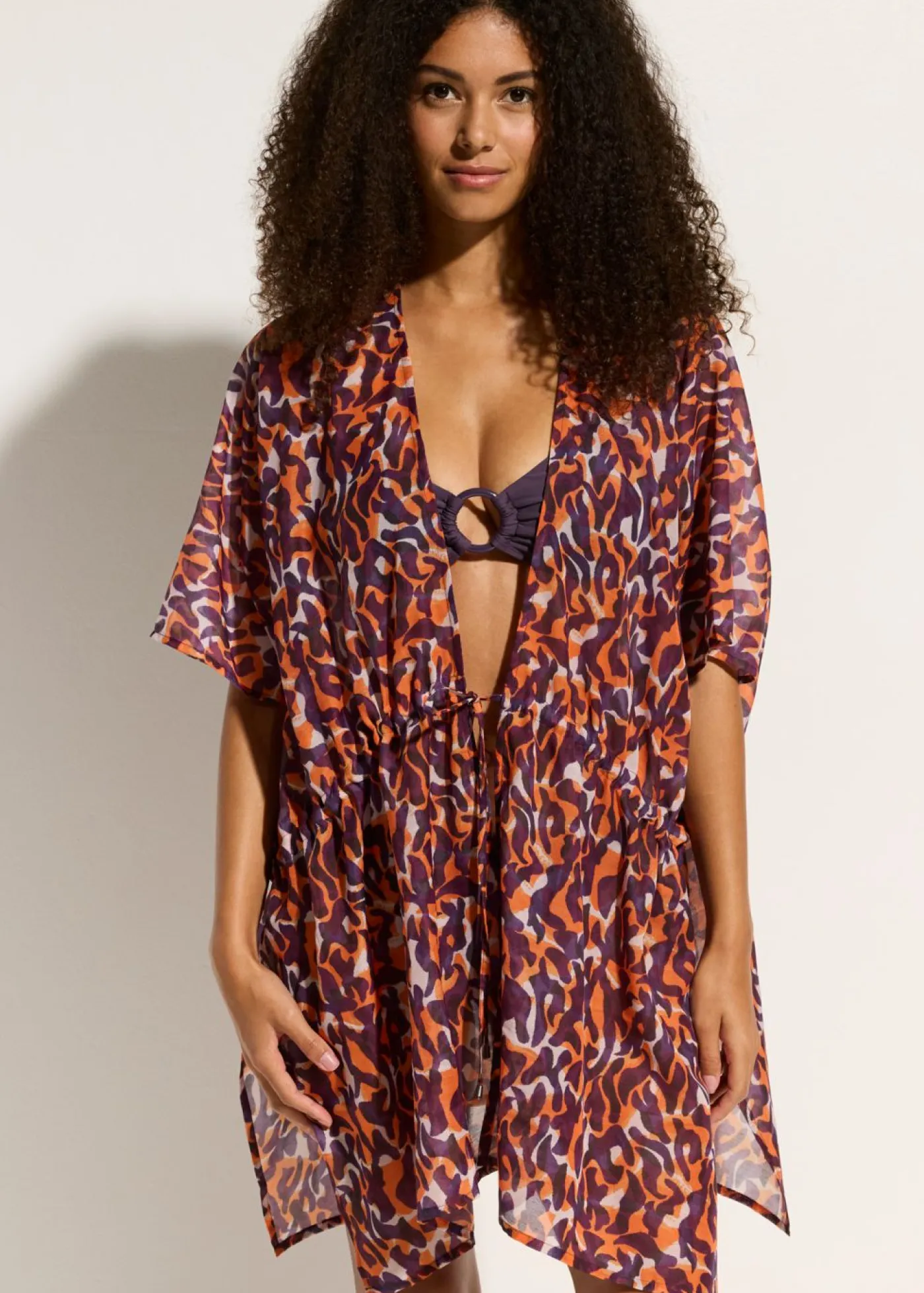 bonprix bonprix Ropa De Playa|Camisas Y Blusas>Kimono de playa con detalle de cordón estampado leo púrpura-marrón claro