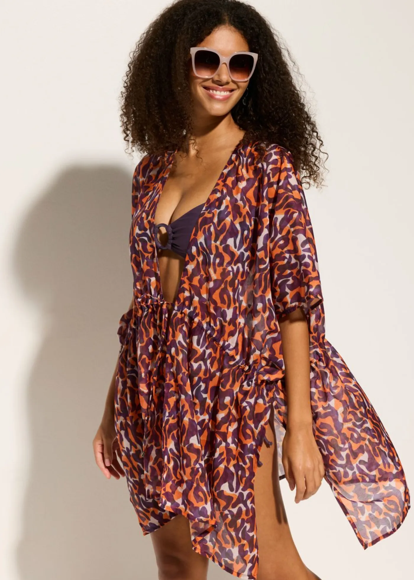 bonprix bonprix Ropa De Playa|Camisas Y Blusas>Kimono de playa con detalle de cordón estampado leo púrpura-marrón claro