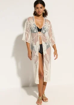bonprix bonprix Ropa De Playa|Camisas Y Blusas>Kimono de playa transparente con encaje Beige