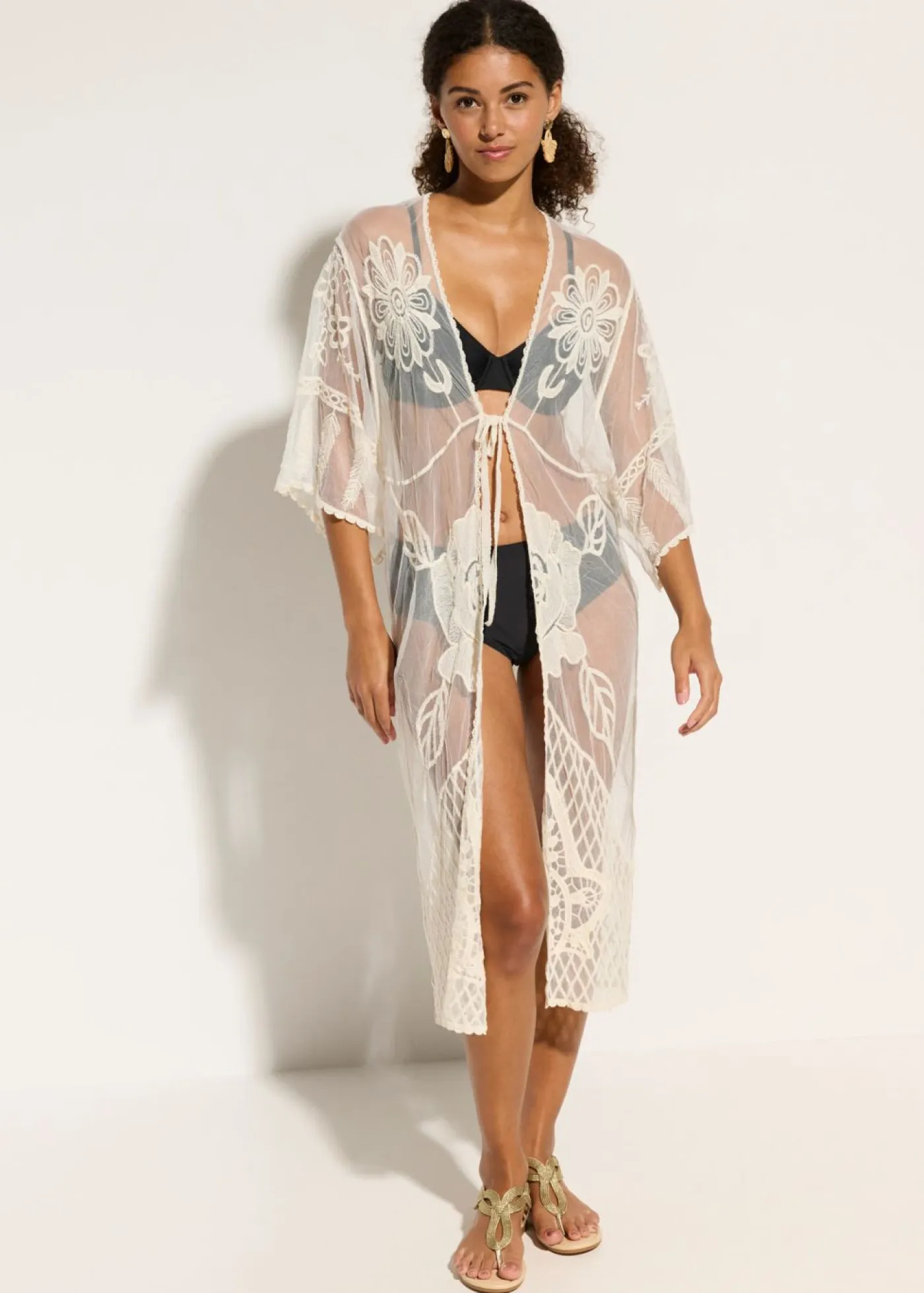 bonprix bonprix Ropa De Playa|Camisas Y Blusas>Kimono de playa transparente con encaje Beige