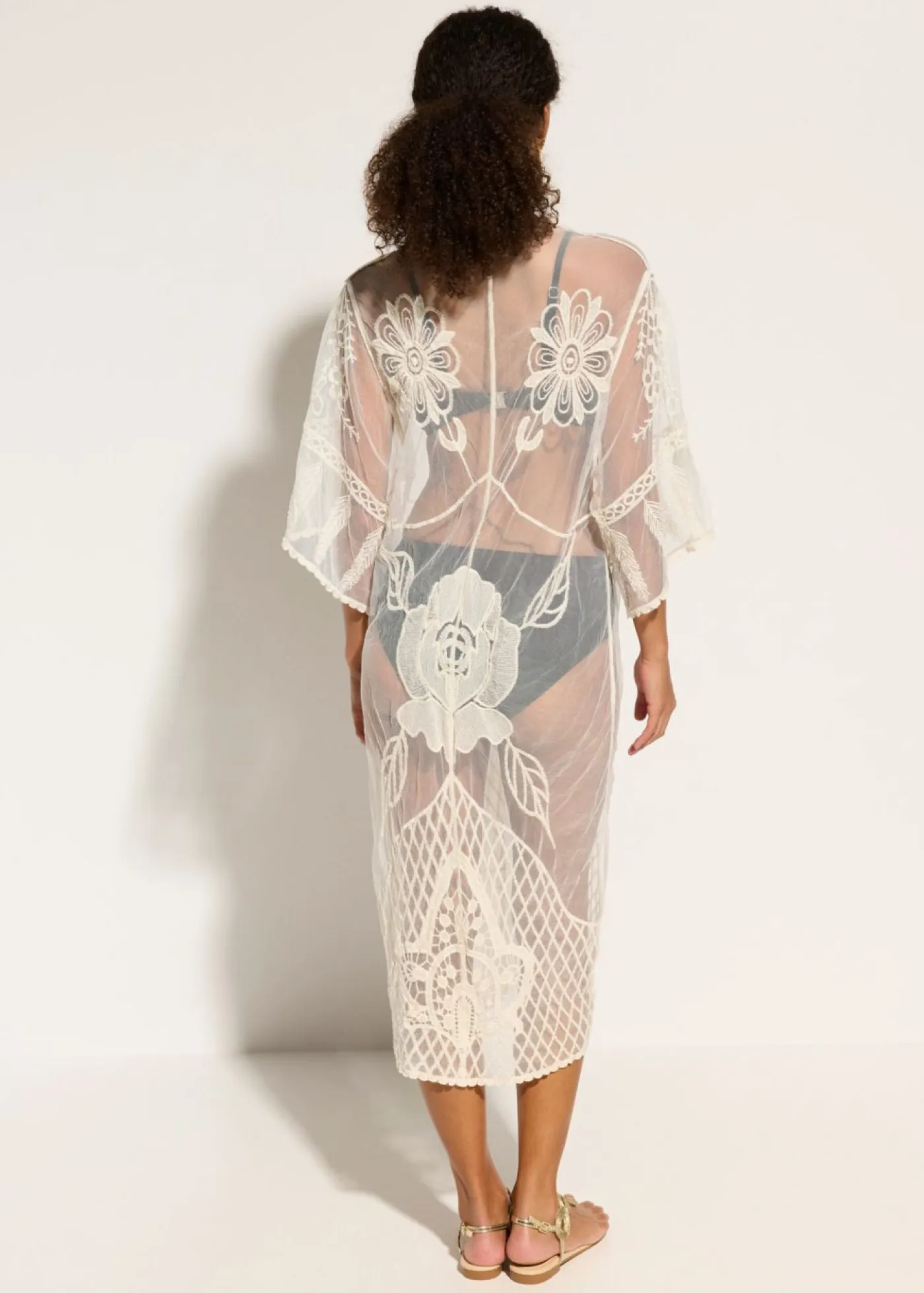 bonprix bonprix Ropa De Playa|Camisas Y Blusas>Kimono de playa transparente con encaje Beige