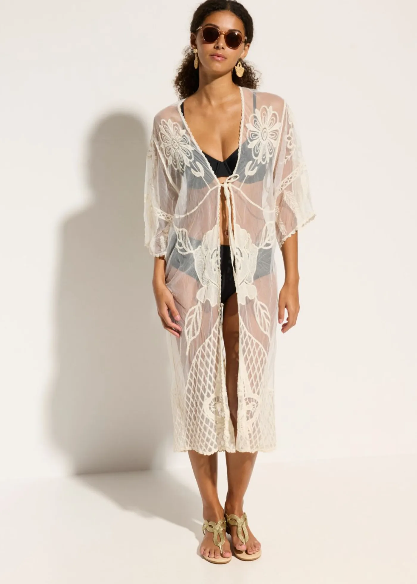 bonprix bonprix Ropa De Playa|Camisas Y Blusas>Kimono de playa transparente con encaje Beige