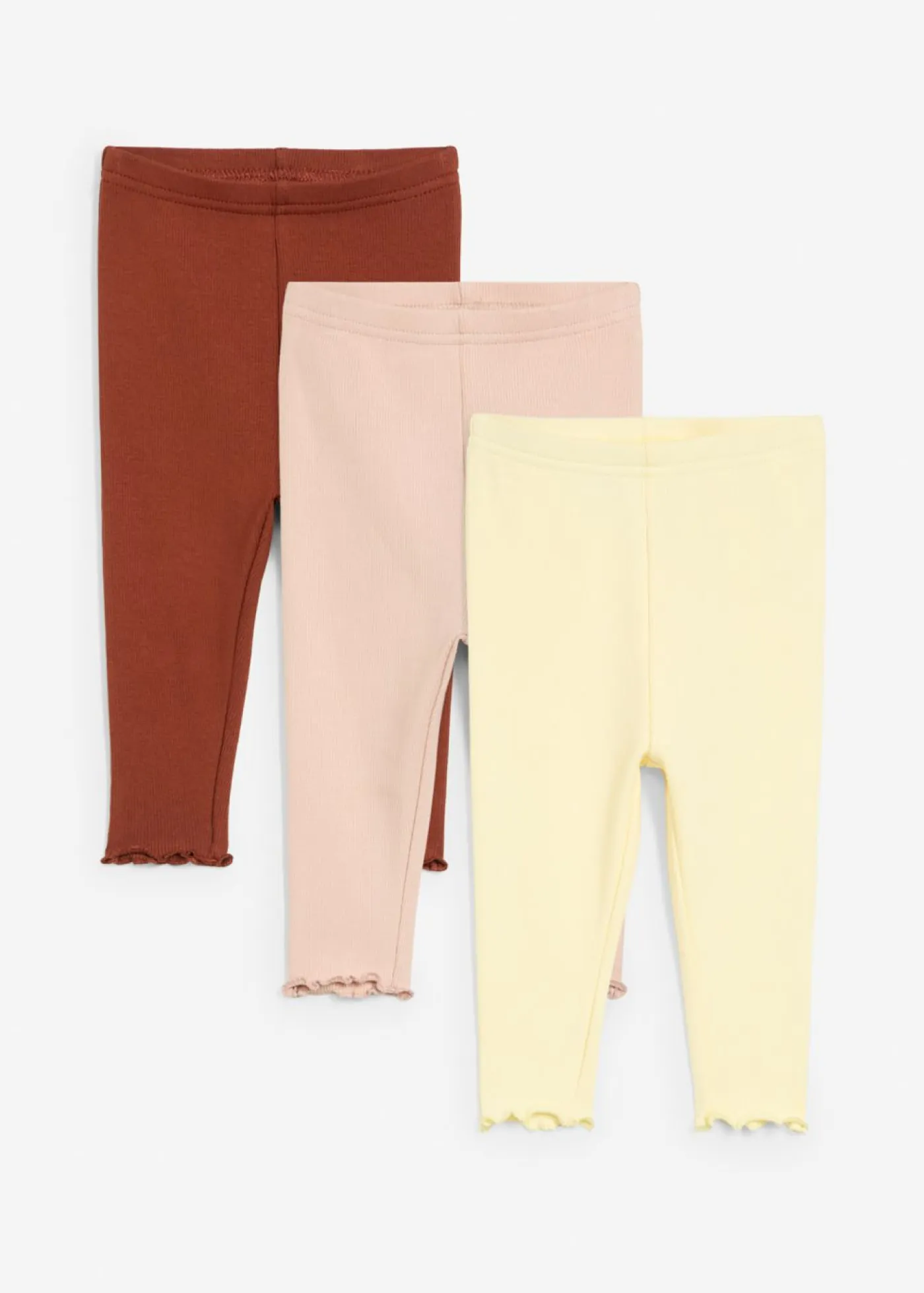 bonprix bonprix Packs|Pantalones>Leggings de canalé de algodón orgánico con volantes (3 unidades) Vainilla + marrón caoba + beige mate + blanco lana