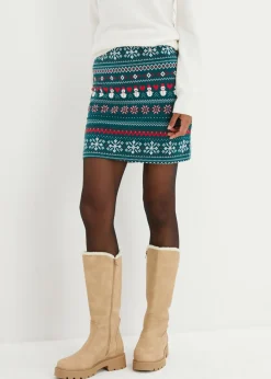 bonprix bonprix Faldas>Minifalda con patrón noruego de mezcla de algodón y elastano Verde petróleo-gris plata-blanco lana-rojo con patrón nórdico