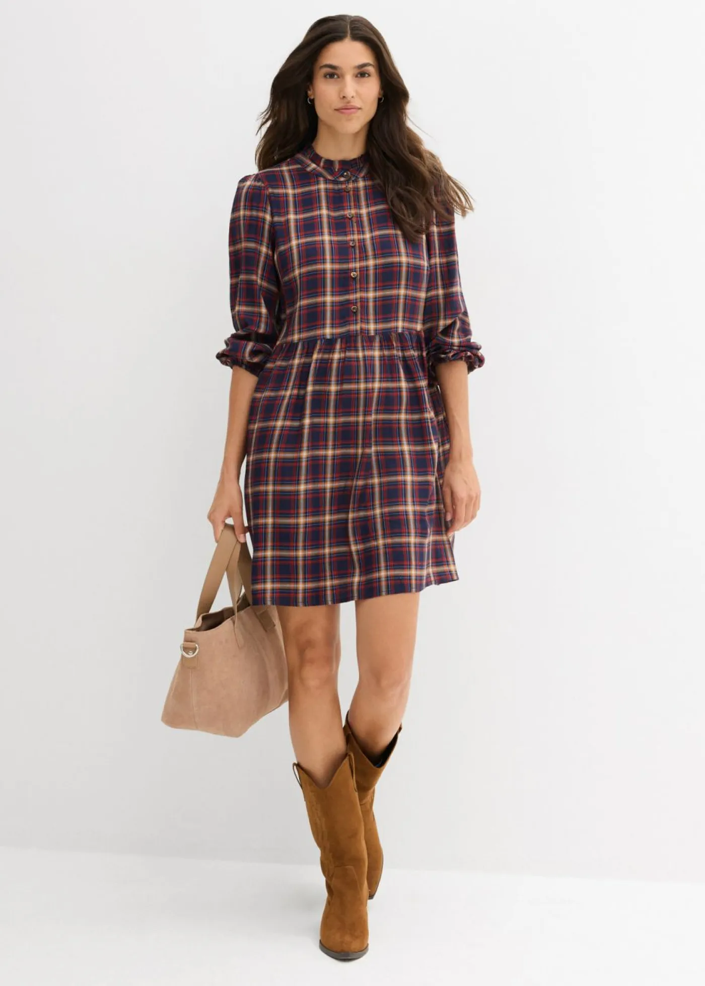 bonprix bonprix Vestidos>Minivestido de viscosa suave azul marino-azul provenzal-beige crema-óxido-blanco lana a cuadros