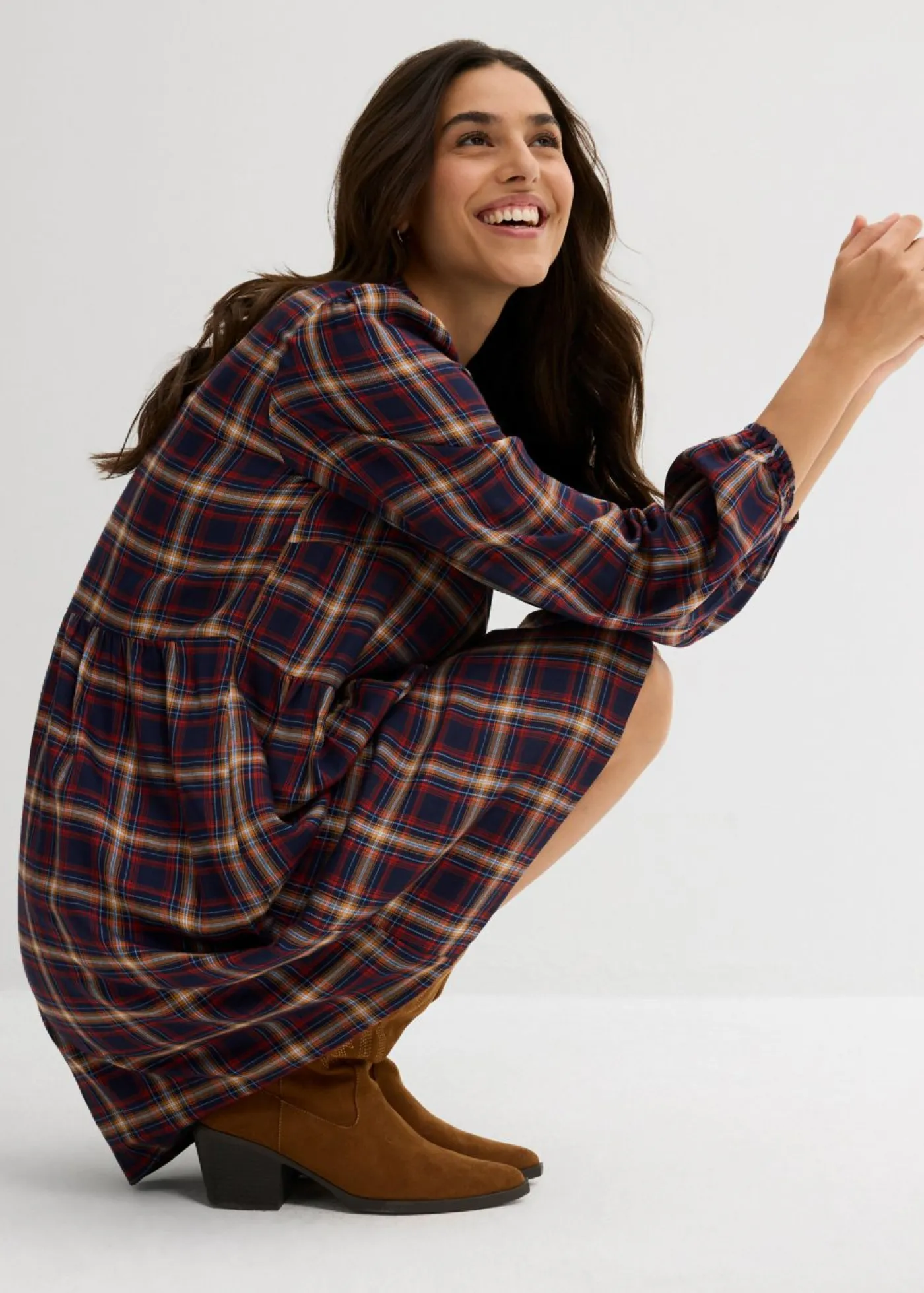 bonprix bonprix Vestidos>Minivestido de viscosa suave azul marino-azul provenzal-beige crema-óxido-blanco lana a cuadros