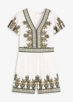 bonprix bonprix Monos>Mono con contenido de lino Blanco lana/verde oliva con patrón paisley