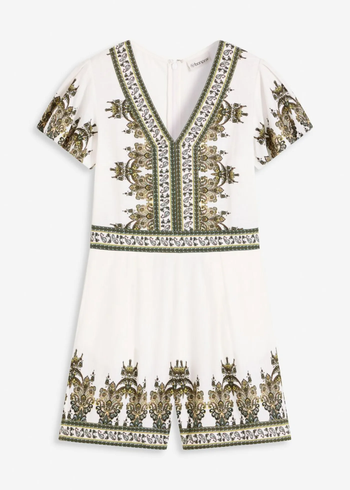 bonprix bonprix Monos>Mono con contenido de lino Blanco lana/verde oliva con patrón paisley