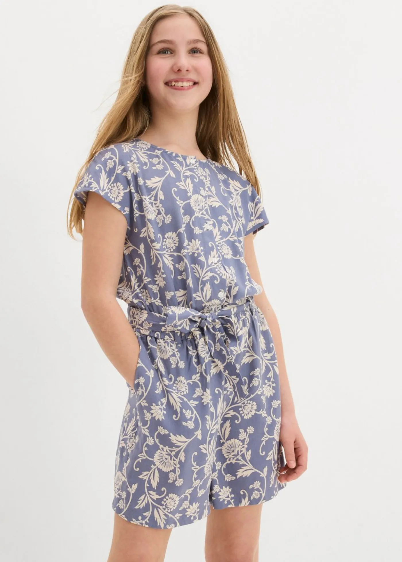 bonprix bonprix Ropa 9 A 16 Años·Vestidos Y Monos>Mono corto de viscosa fluida azul mate-beige natural