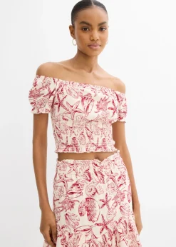 bonprix bonprix Camisas Y Blusas>Olkapäät paljastava pusero puhdasta puuvillaa kermanvalkoinen/chilinpunainen painokuvioitu