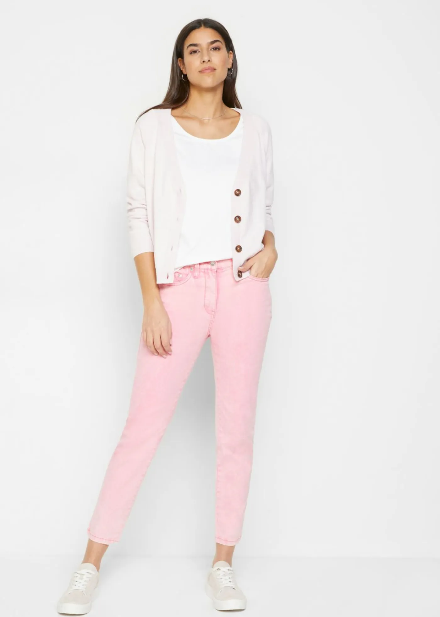 bonprix bonprix Pantalones>Pantalón acortado de sarga con aspecto desgastado Rosa brillante