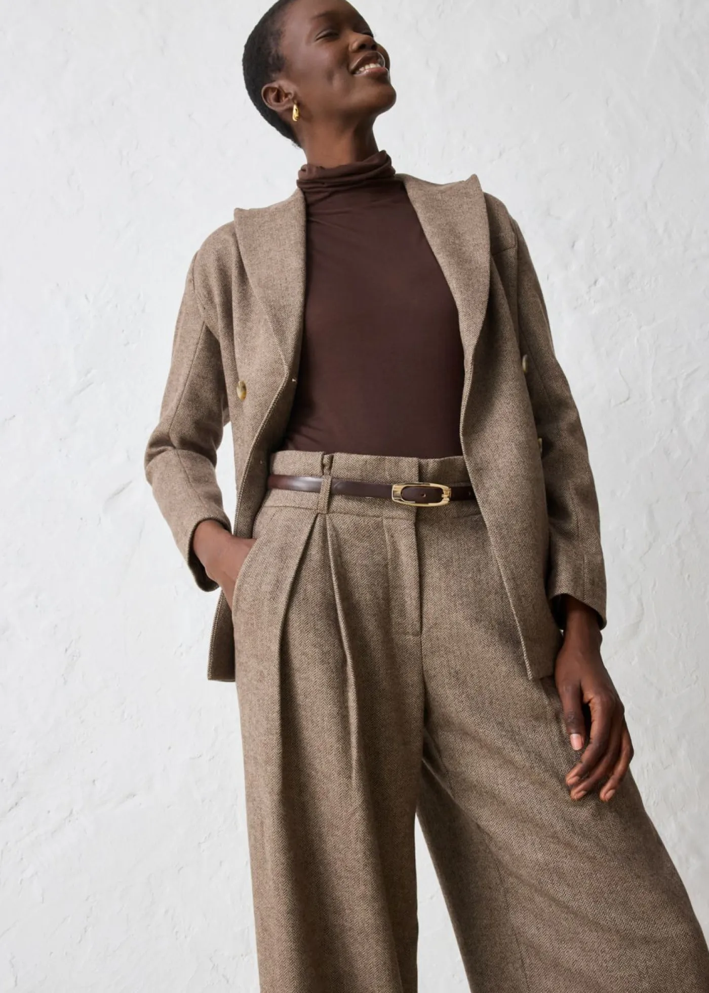 bonprix bonprix Premium|Pantalones>Pantalón ancho con lana marrón oscuro moteado