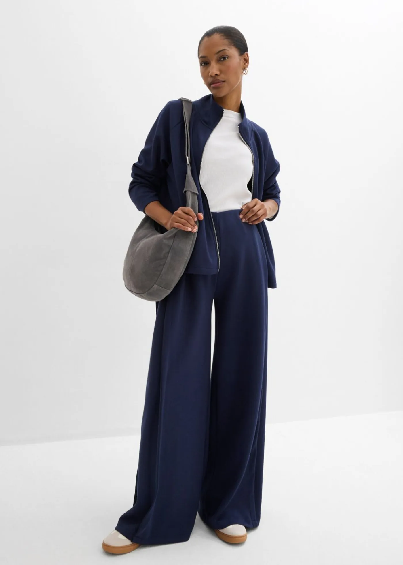 bonprix bonprix Esenciales|Pantalones>Pantalón ancho de mezcla de modal con pliegue lateral Azul marino