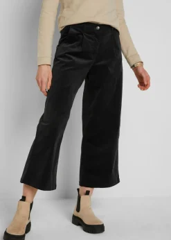 bonprix bonprix Pantalones>Pantalón ancho de pana elástica con cintura cómoda high waist, largo 7/8 Negro