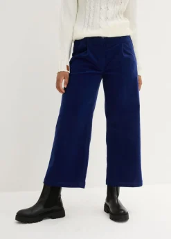bonprix bonprix Pantalones>Pantalón ancho de pana elástica con cintura cómoda high waist, largo 7/8 Azul oxford