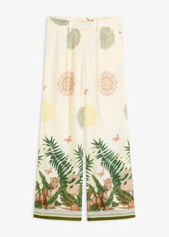 bonprix bonprix Pantalones>Pantalón ancho de viscosa con estampado en el borde Blanco-crema