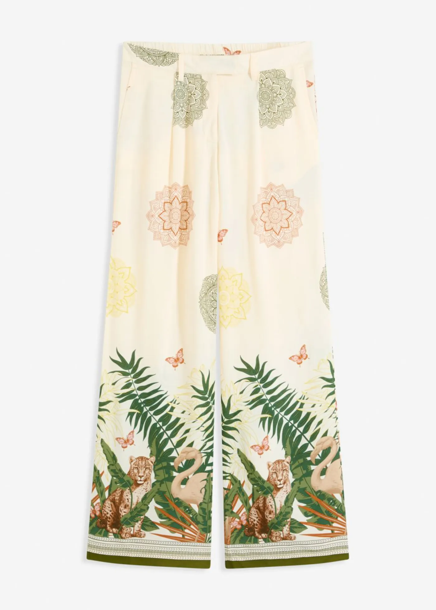 bonprix bonprix Pantalones>Pantalón ancho de viscosa con estampado en el borde Blanco-crema