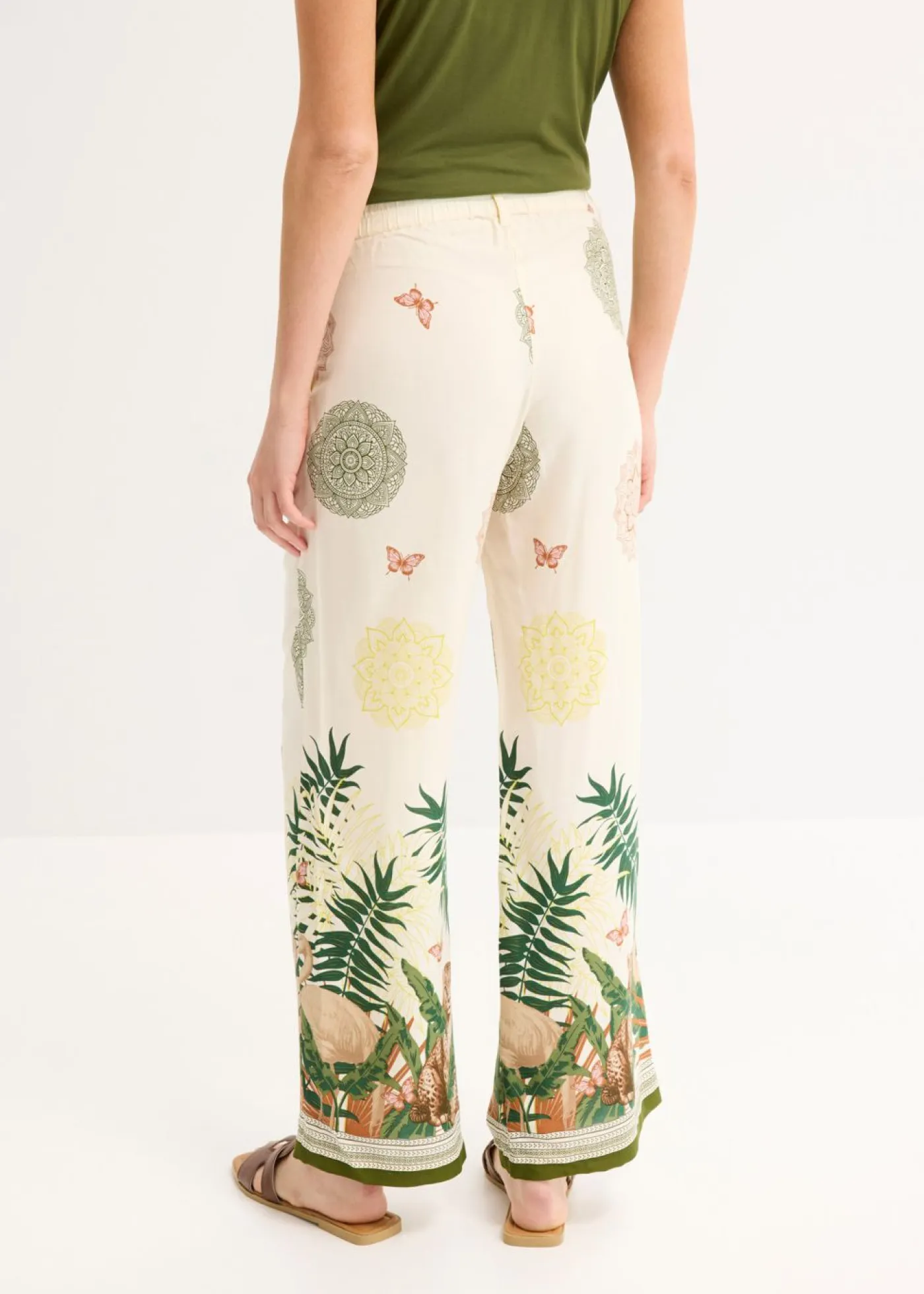 bonprix bonprix Pantalones>Pantalón ancho de viscosa con estampado en el borde Blanco-crema