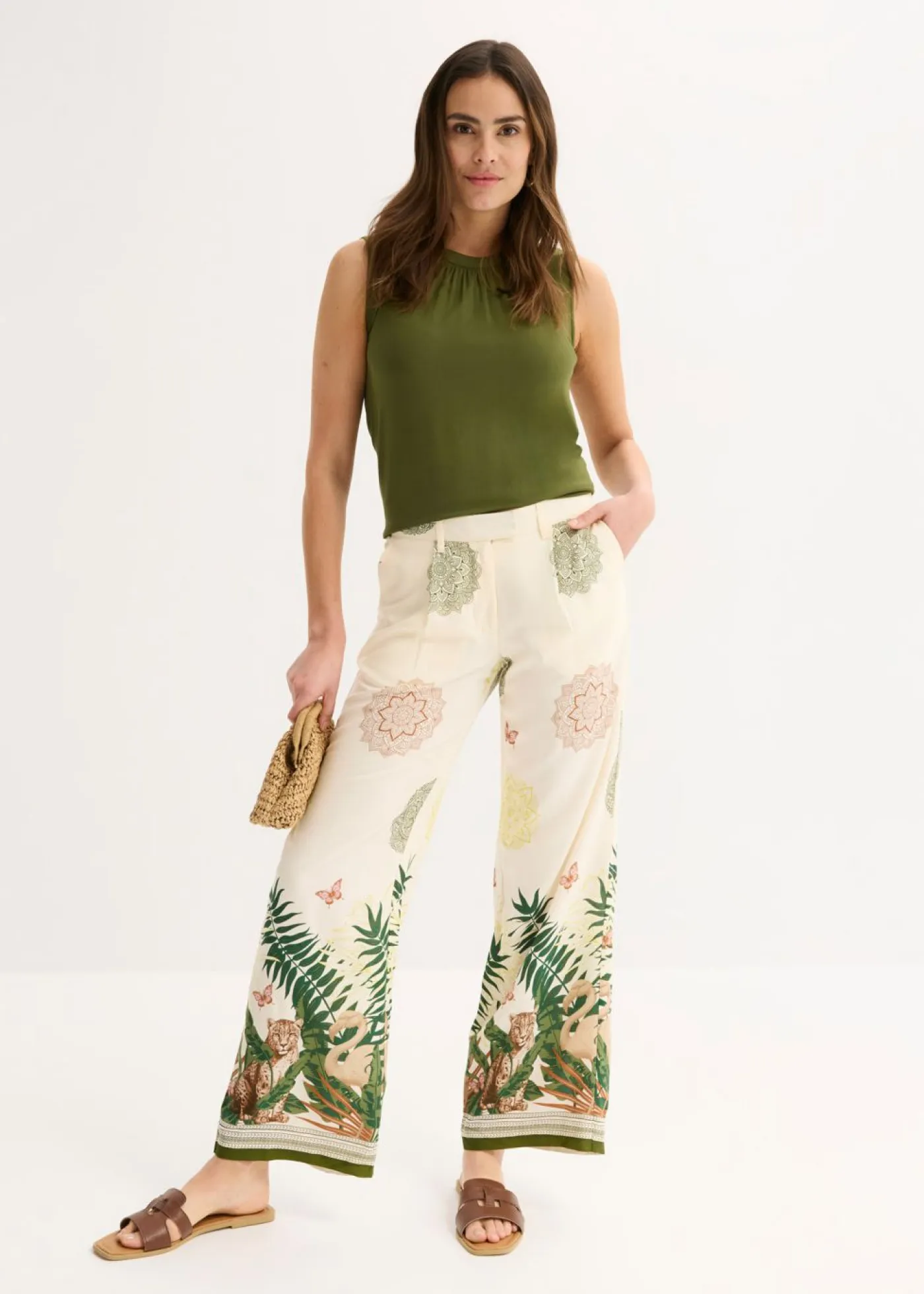 bonprix bonprix Pantalones>Pantalón ancho de viscosa con estampado en el borde Blanco-crema