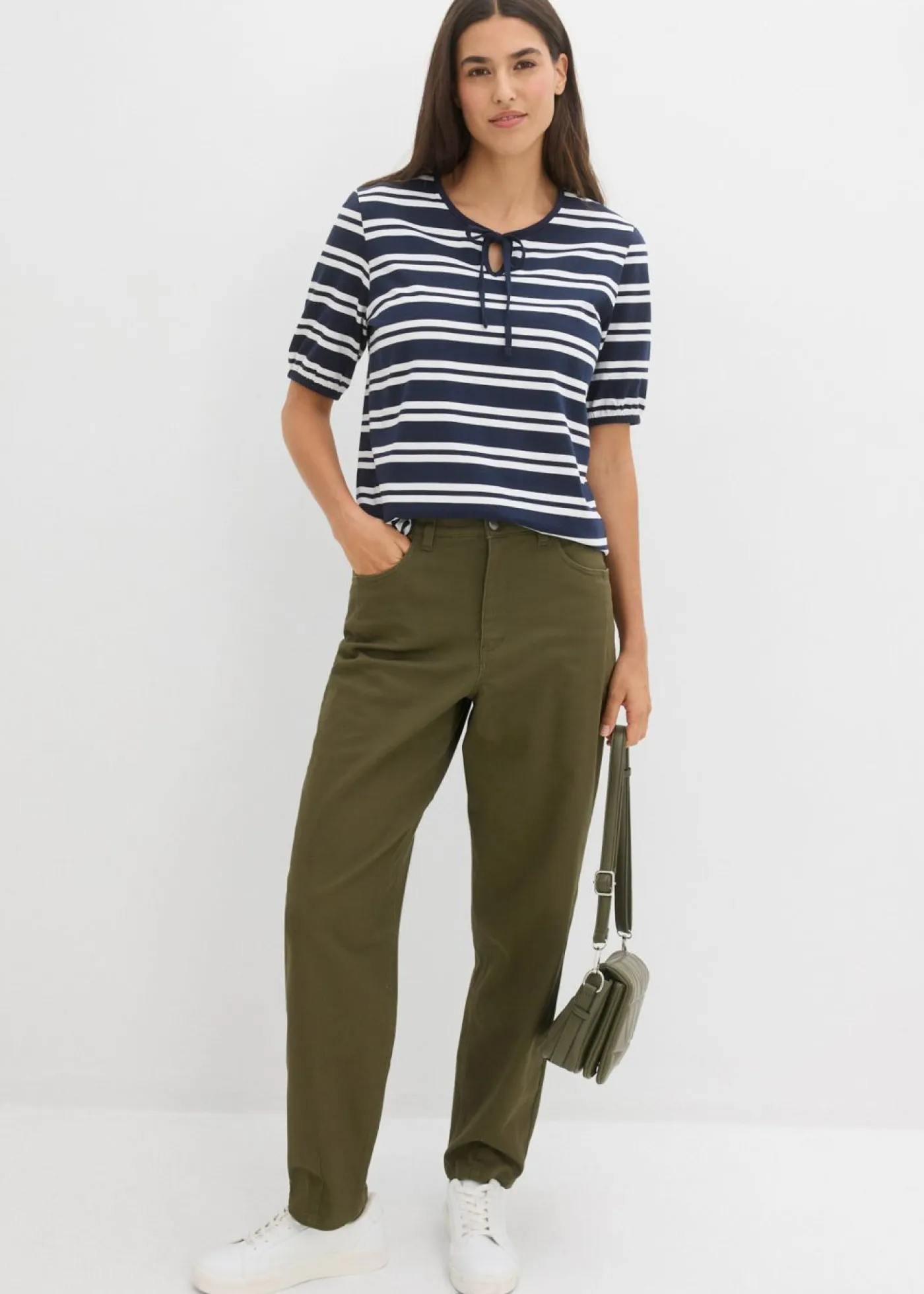 bonprix bonprix Pantalones|Novedades>Pantalón con cinturilla cómoda y corte barrel Verde oliva oscuro