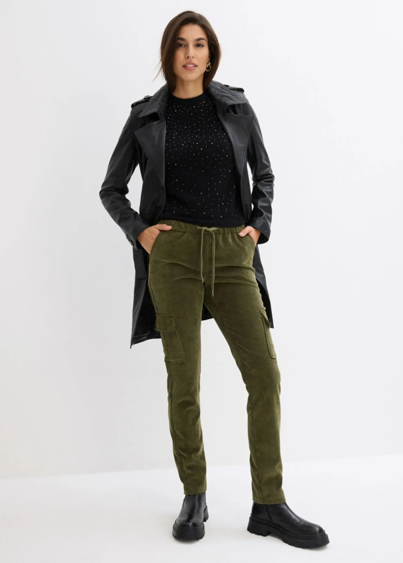 bonprix bonprix Pantalones>Pantalón con cinturilla elástica Verde oliva oscuro
