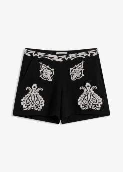 bonprix bonprix Shorts|Pantalones>Pantalón corto con bordado de mezcla de viscosa suave Negro/blanco, otros