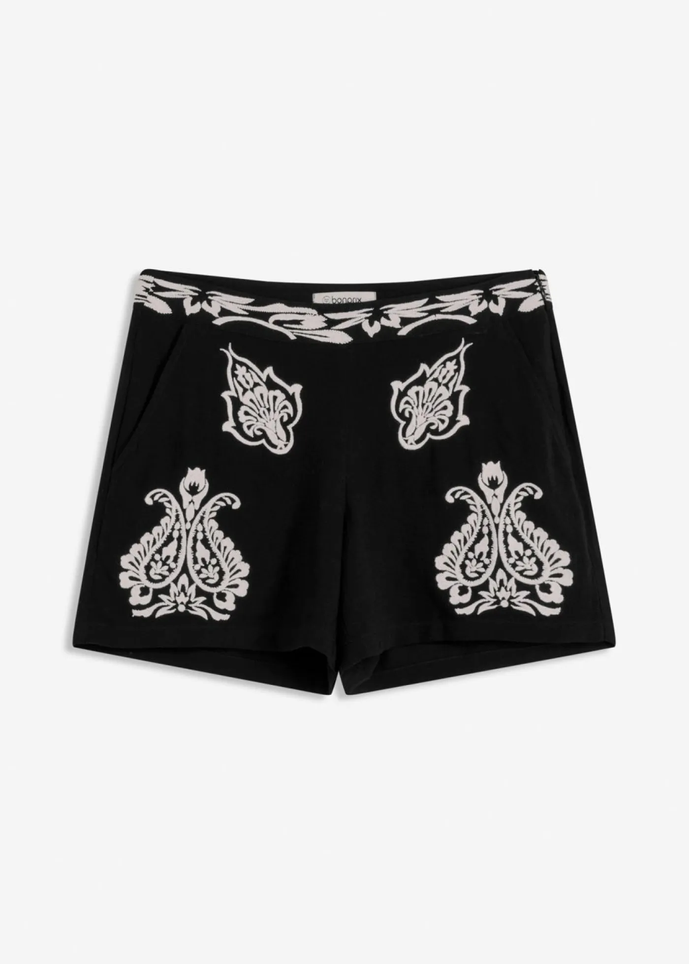 bonprix bonprix Shorts|Pantalones>Pantalón corto con bordado de mezcla de viscosa suave Negro/blanco, otros