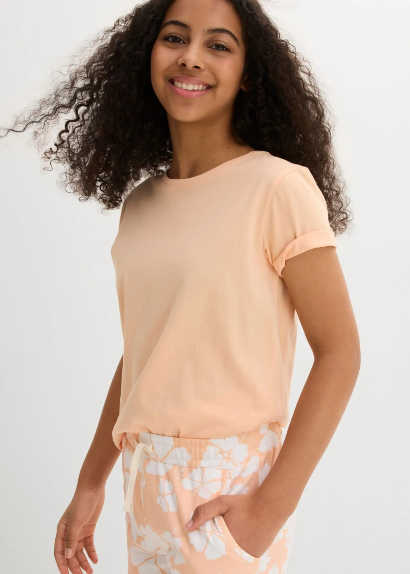 bonprix bonprix Ropa 9 A 16 Años·Shorts>Pantalón corto de punto de algodón orgánico puro Melocotón + blanco