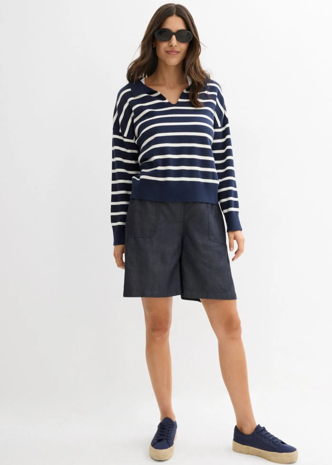 bonprix bonprix Shorts|Pantalones>Pantalón corto sin cierre con mezcla de lino transpirable Azul oscuro denim