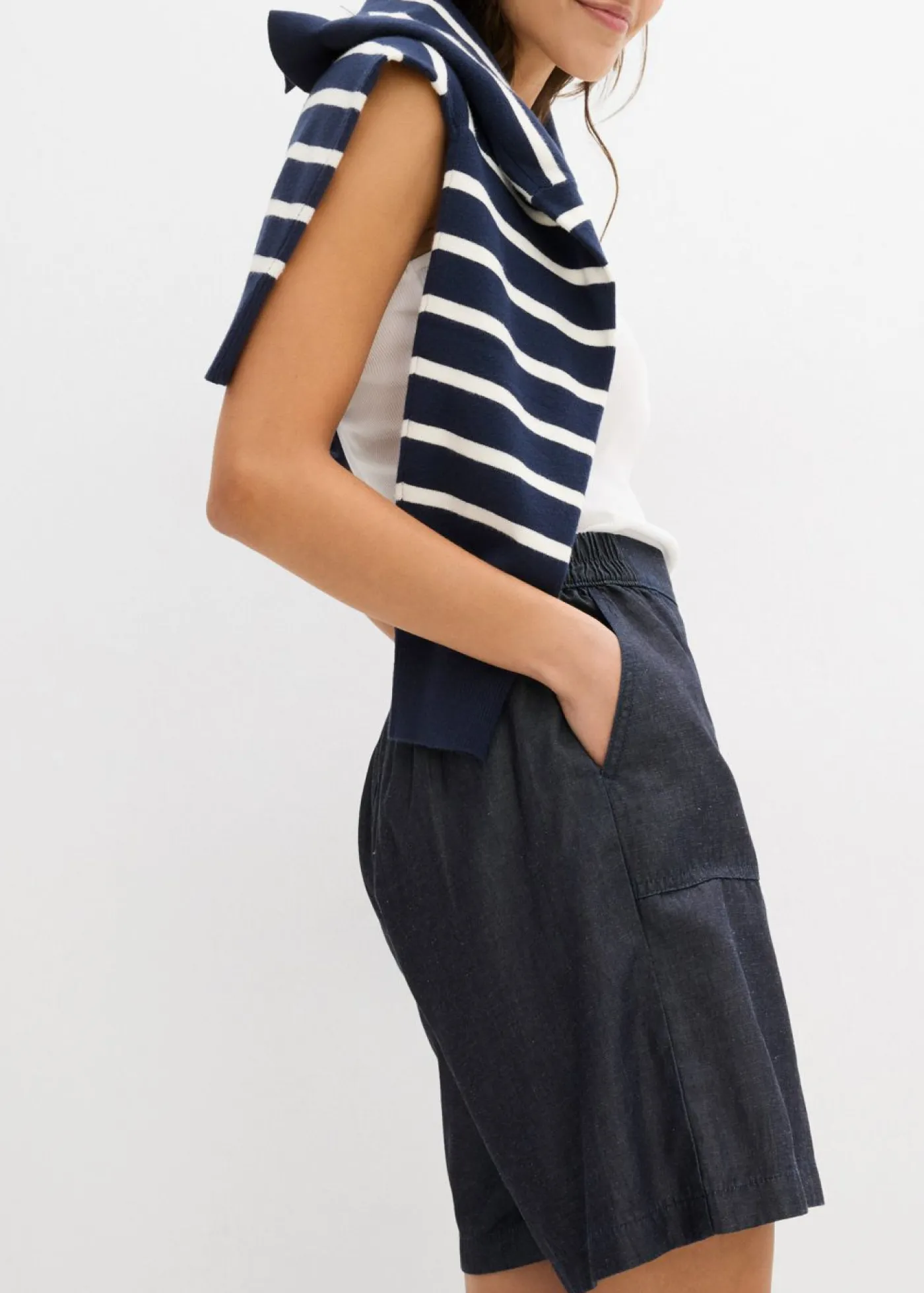 bonprix bonprix Shorts|Pantalones>Pantalón corto sin cierre con mezcla de lino transpirable Azul oscuro denim