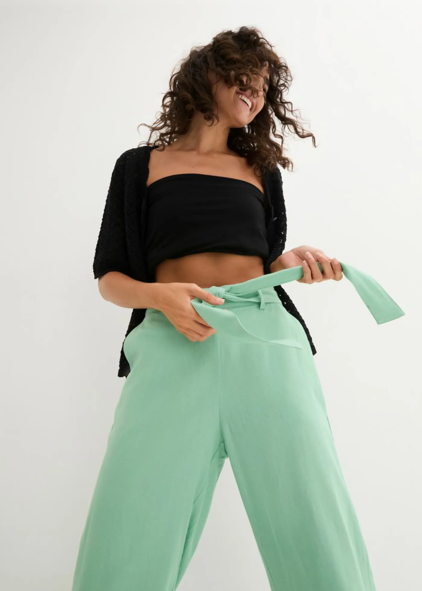bonprix bonprix Pantalones>Pantalón culotte de mezcla de lino vaporosa Hierbabuena