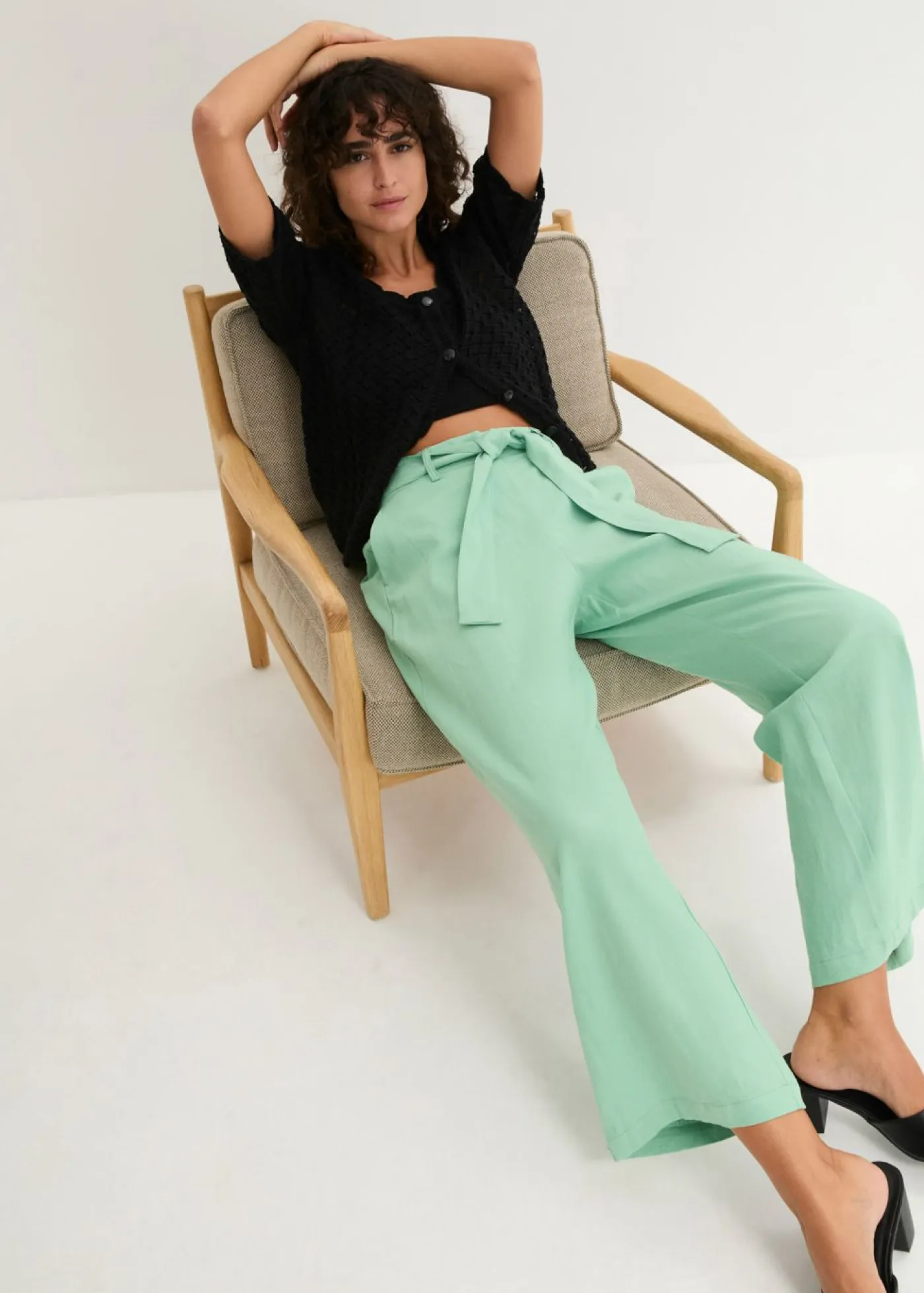 bonprix bonprix Pantalones>Pantalón culotte de mezcla de lino vaporosa Hierbabuena