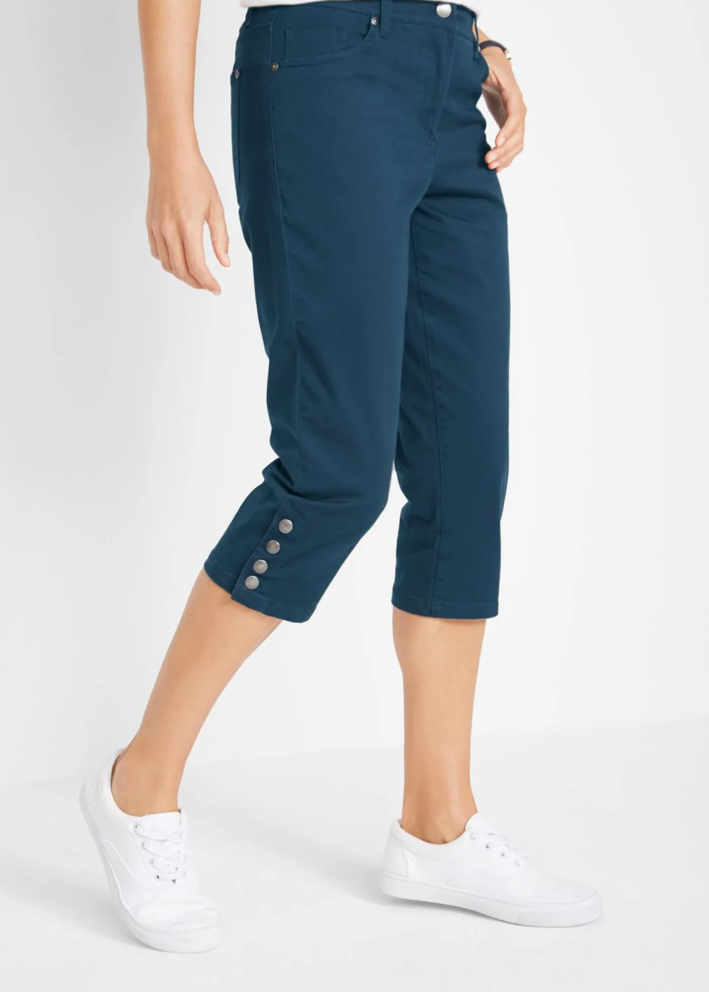 bonprix bonprix Pantalones>Pantalón de corte capri con cintura elástica y botones Azul oscuro