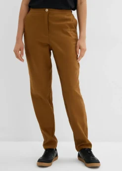 bonprix bonprix Pantalones>Pantalón de mezcla de lino y viscosa con talle alto y pernera corta Marrón coñac