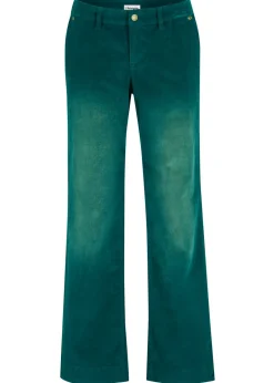 bonprix bonprix Pantalones>Pantalón de pana elástico de corte ancho Verde intenso desgastado