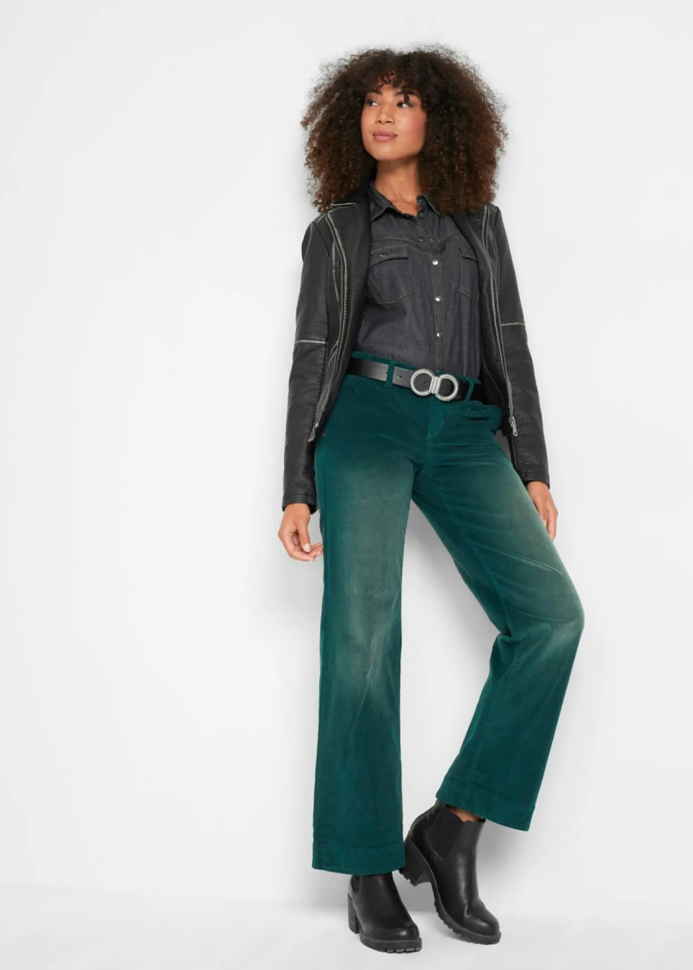 bonprix bonprix Pantalones>Pantalón de pana elástico de corte ancho Verde intenso desgastado