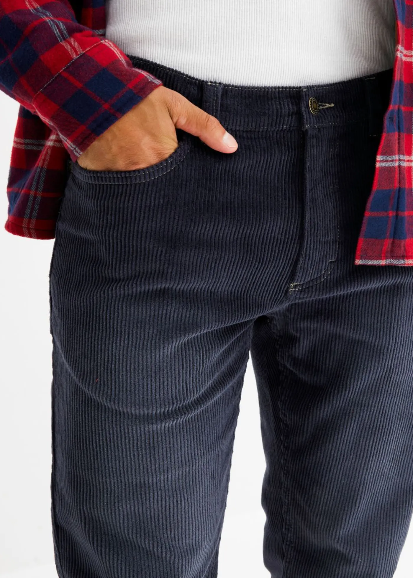 bonprix bonprix Pantalones>Pantalón de pana elástico, regular fit, de aspecto lavado, straight azul oscuro-verde oliva claro