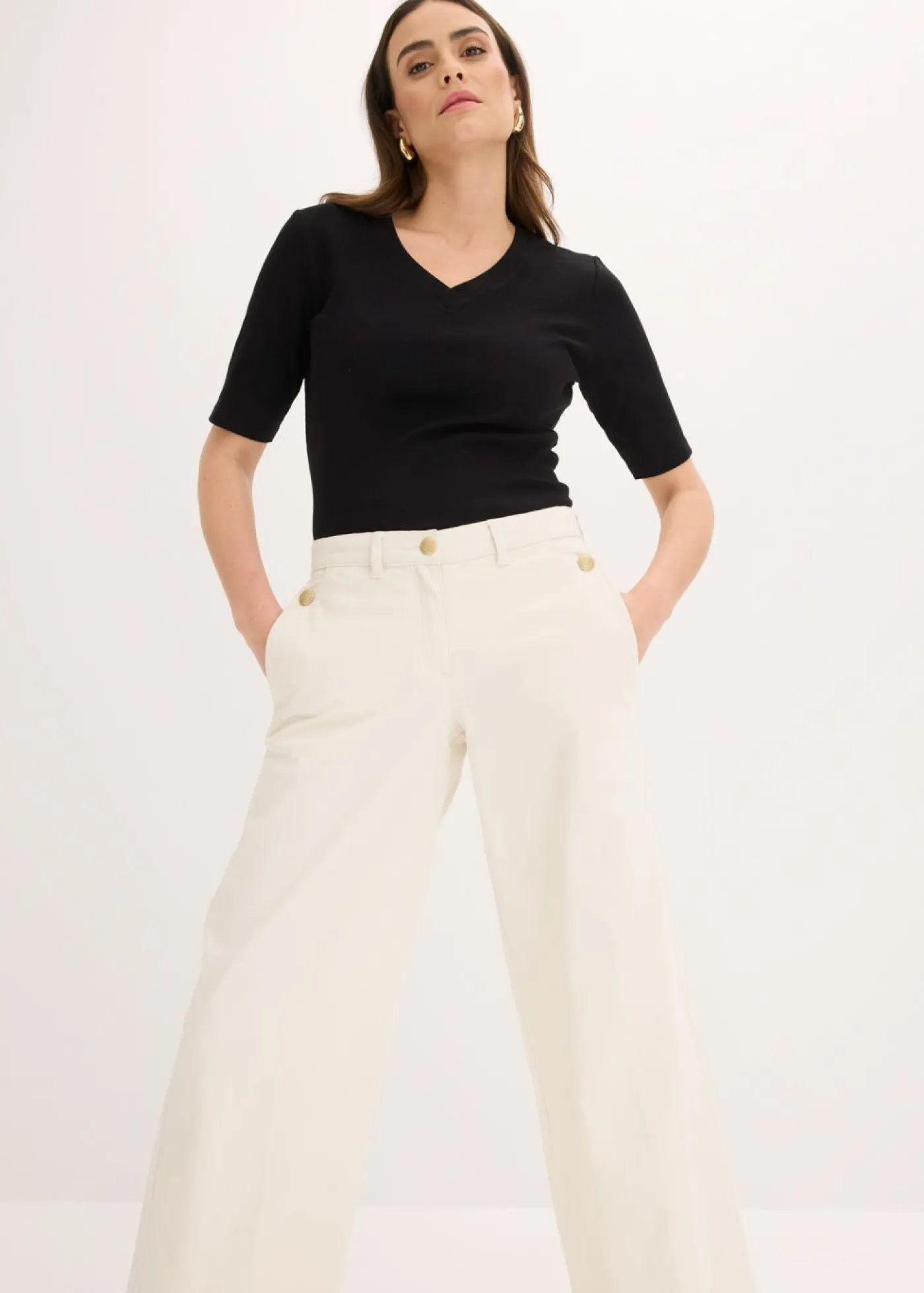 bonprix bonprix Pantalones>Pantalón de pernera ancha con elástico Beige natural