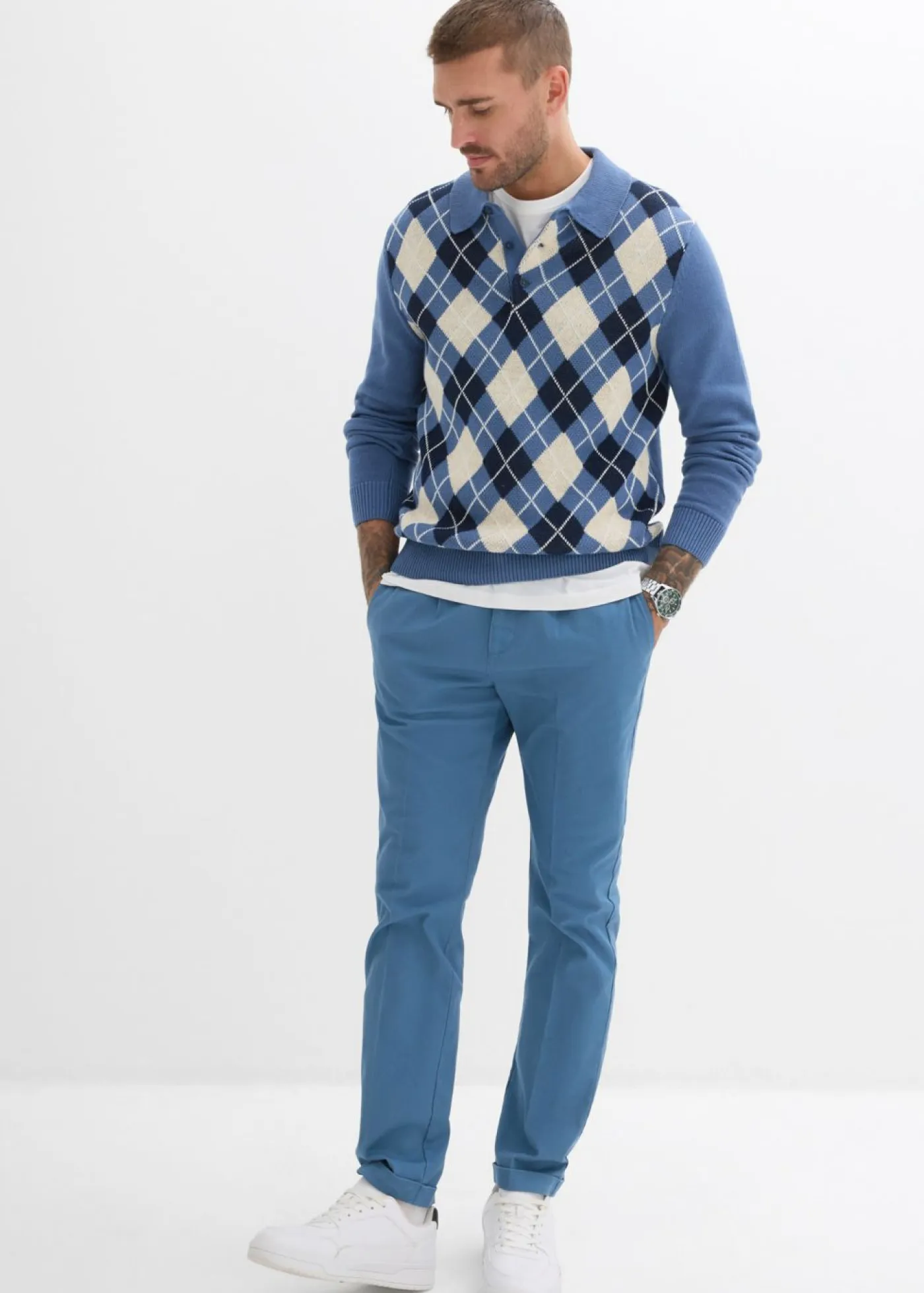 bonprix bonprix Pantalones>Pantalón de pinzas de sarga de algodón con corte regular y recto verde mar