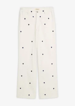 bonprix bonprix Pantalones>Pantalón de sarga con bordado Blanco lana/azul marino