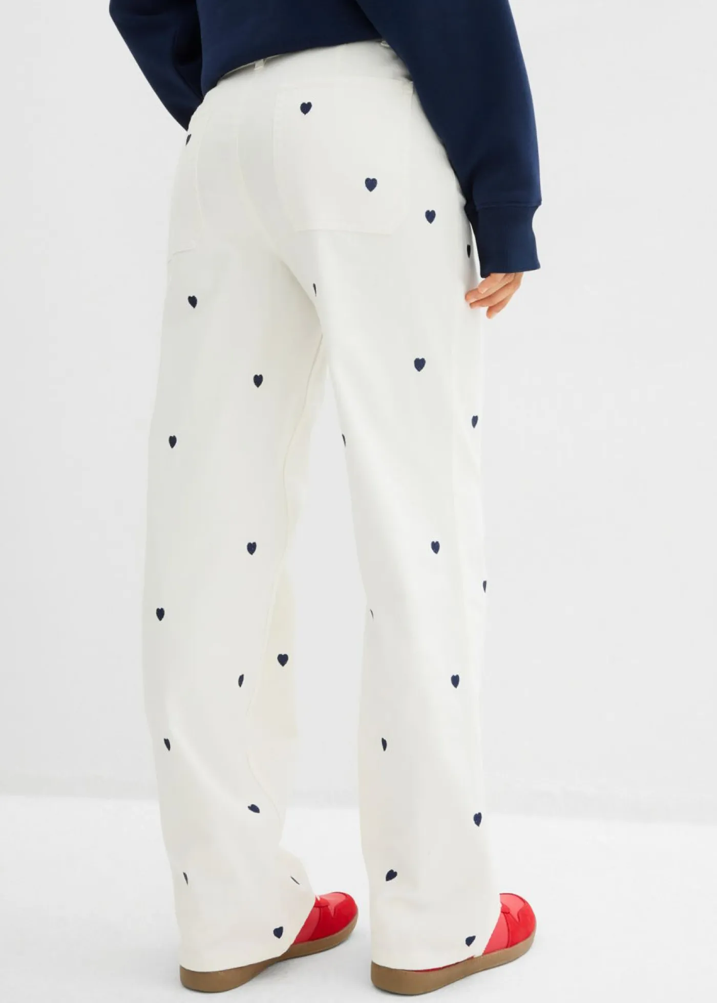 bonprix bonprix Pantalones>Pantalón de sarga con bordado Blanco lana/azul marino