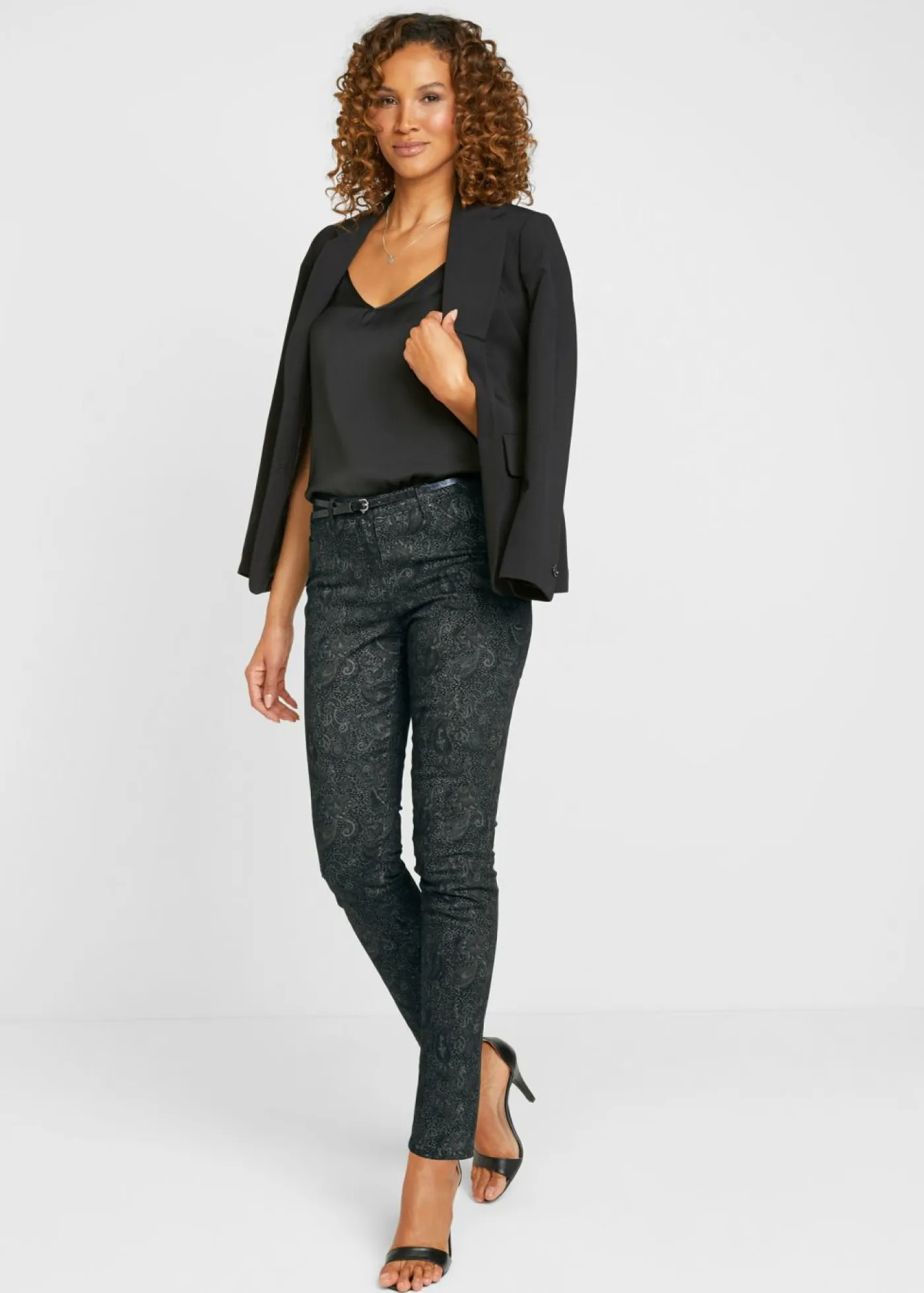 bonprix bonprix Pantalones>Pantalón de sarga con estampado elegante Negro/gris ahumado con patrón paisley